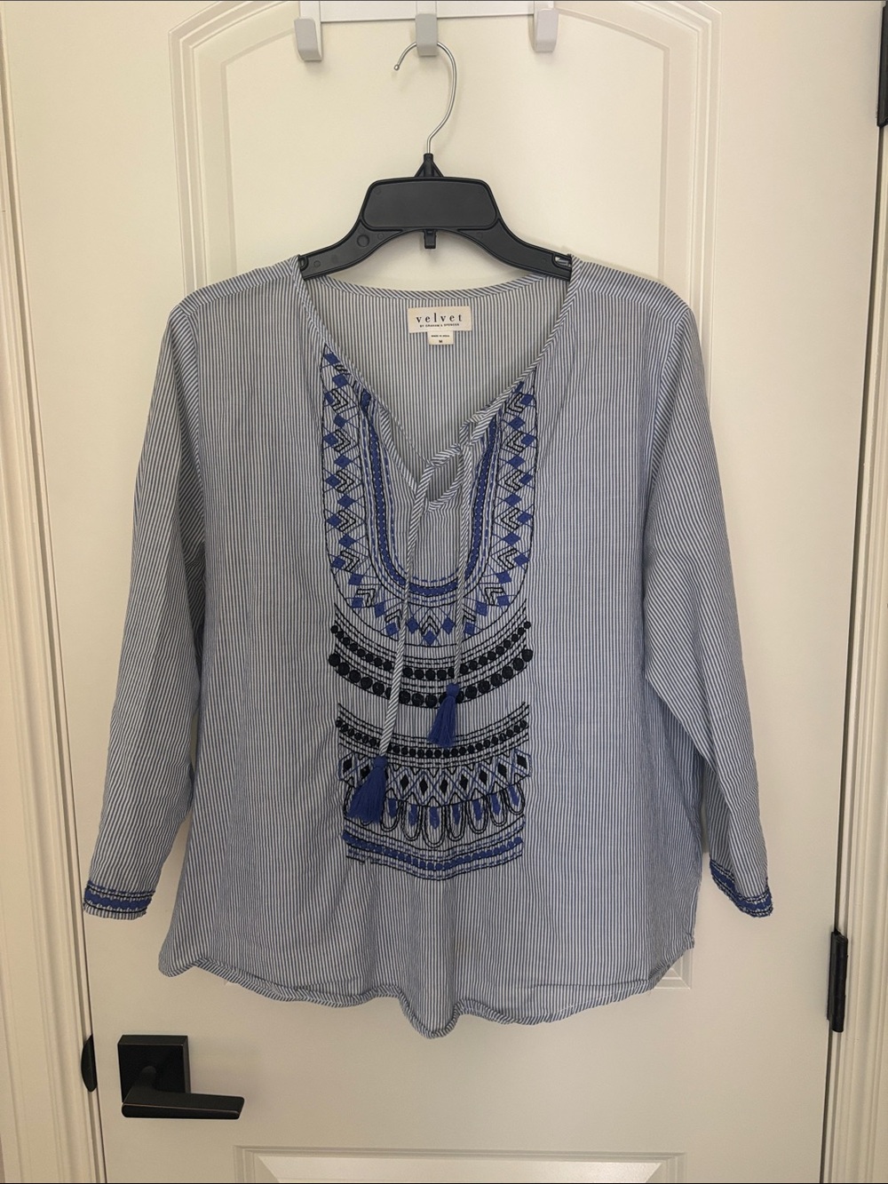 Velvet Light Blue & Navy Embroidered Tunic Top